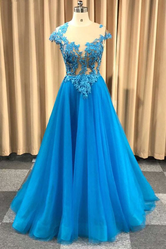 Blue Sheer Neck Appliqued Tulle Prom Gowns, A Line Cap Sleeves Long Grduation Dresses N1748