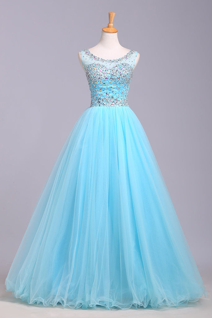 Blue Scoop Sleeveless Tulle Prom Dress with Sequins, Floor Length Puffy Evening Dress