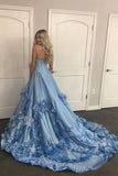 Blue Sweetheart Swirling Ruffled Prom Dresses Sweep Train Special Party Dresses N1531