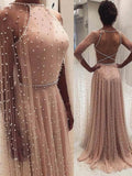 Unique A Line Open Back Sleeveless Long Prom Dresses with Pearls