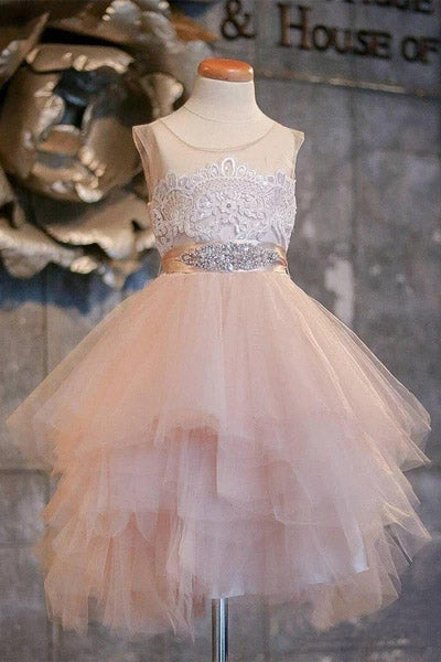 Puffy Flower Girl Dresses Asymmetric Tulle Lace Top Cute Dress for Kids F068