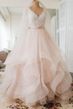 Blush Pink Lace Wedding Dresses Multi-Layered Wedding Gowns with Ribbon N1634