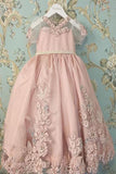 Blush Pink Short Sleeves Floor Length Appliqued Flower Girl Dresses with Bow F037
