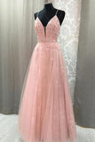 Blush V Neck Prom Dress with Rhinestone, Long Prom Dresses with Appliques N1538