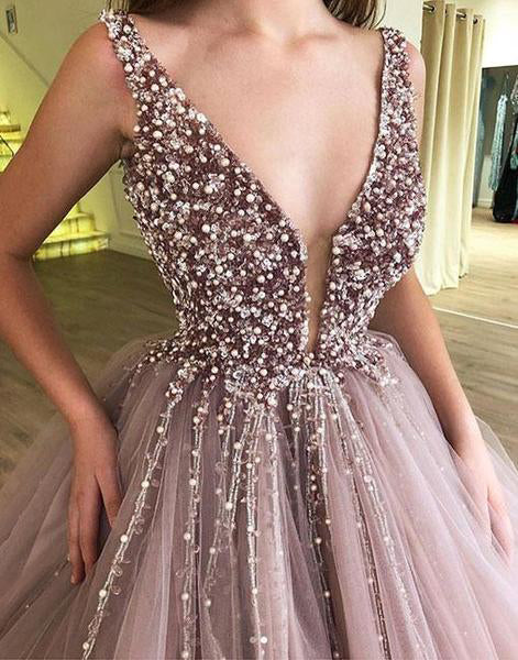 Elegant Sparkly Beaded Princess Tulle Prom Dresses