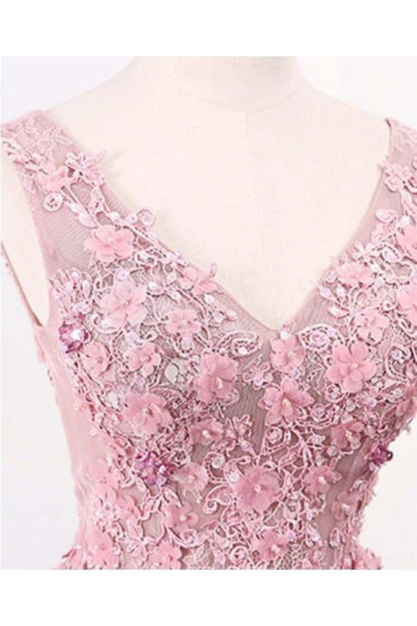 Blush Pink Elegant V-Neck Tulle Prom Dresses A-Line Appliques Evening Dresses with Flowers N1463