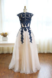 Dark Blue Appliques Ivory Tulle Prom Dresses Floor Length Elegant Evening Dresses N1060