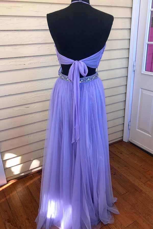 Two Piece Halter Lavender Prom Dresses With Beading Floor Length Tulle Evening Dresses N1140