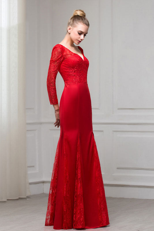 Red Long Sleeves V-Neck Mermaid Floor Length Evening Dresses with Lace N2330