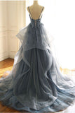 Dark Gray Spaghetti Straps Tulle Prom Dresses with Lace Appliques
