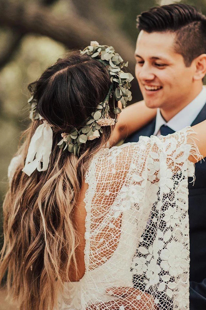Ivory Boho Wedding Dresses with Batwing Sleeve Lace Rustic Backless Wedding Dresses N2014