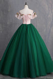 Green Puffy Off the Shoulder Floor Length Appliqued Prom Dresses