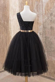 A Line One Shoulder Black Tulle Homecoming Dresses with Belt N1071