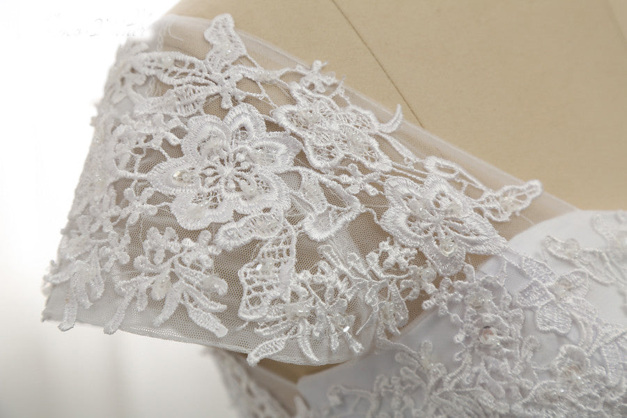 White Lace Appliques Wedding Dresses with Short Sleeves Long Tulle Bridal Dresses with Lace N1569