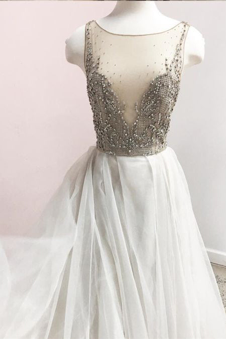 See Through Neckline Sleeveless Long Prom Dresses with Beads A Line Tulle Wedding Dresses N1401