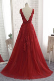 Floor Length Burgundy V-Neck Evening Dresses Appliqued Long Tulle Prom Dresses N1134