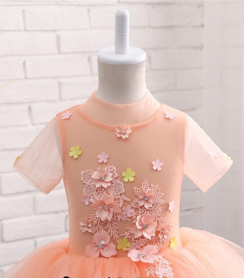 Cute Peach Short Flower Girl Dresses For Weddings High Neck Short Sleeves Dresses F062