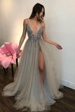 Gray Sequined Deep V-Neck Tulle Evening Gown with Side Slit