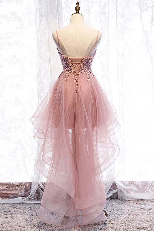 Spaghetti Straps Tulle High Low Homecoming Dresses with Appliques N2142