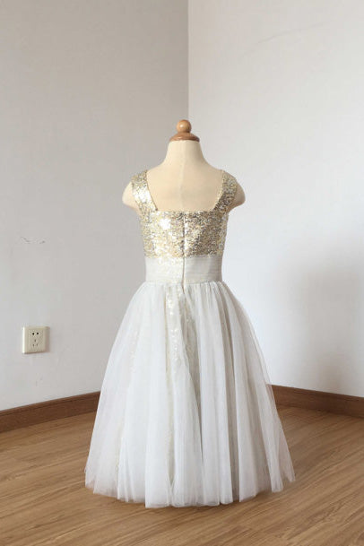Hot Beautiful Sequin Straps Ivory Tulle Floor Length Flower Girl Dresses F033
