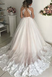 Romantic Wedding Dresses Long V-Neck Tulle Open Back Prom Gown with Lace N1256