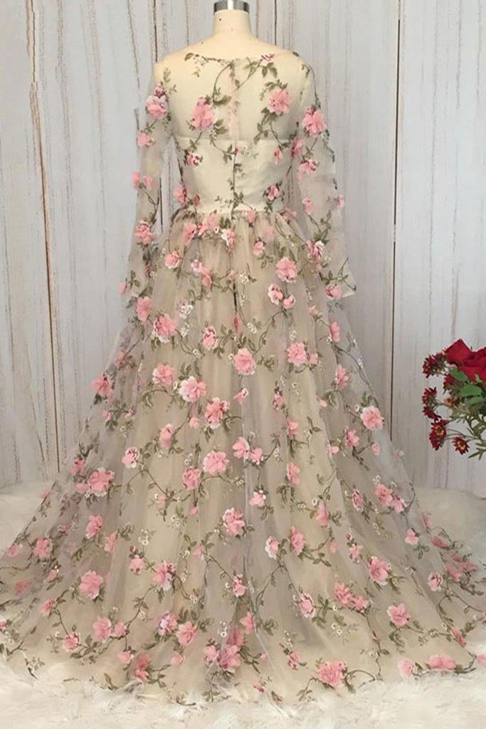 A Line Lace Long Sleeve Flower Appliques Prom Dresses N1132