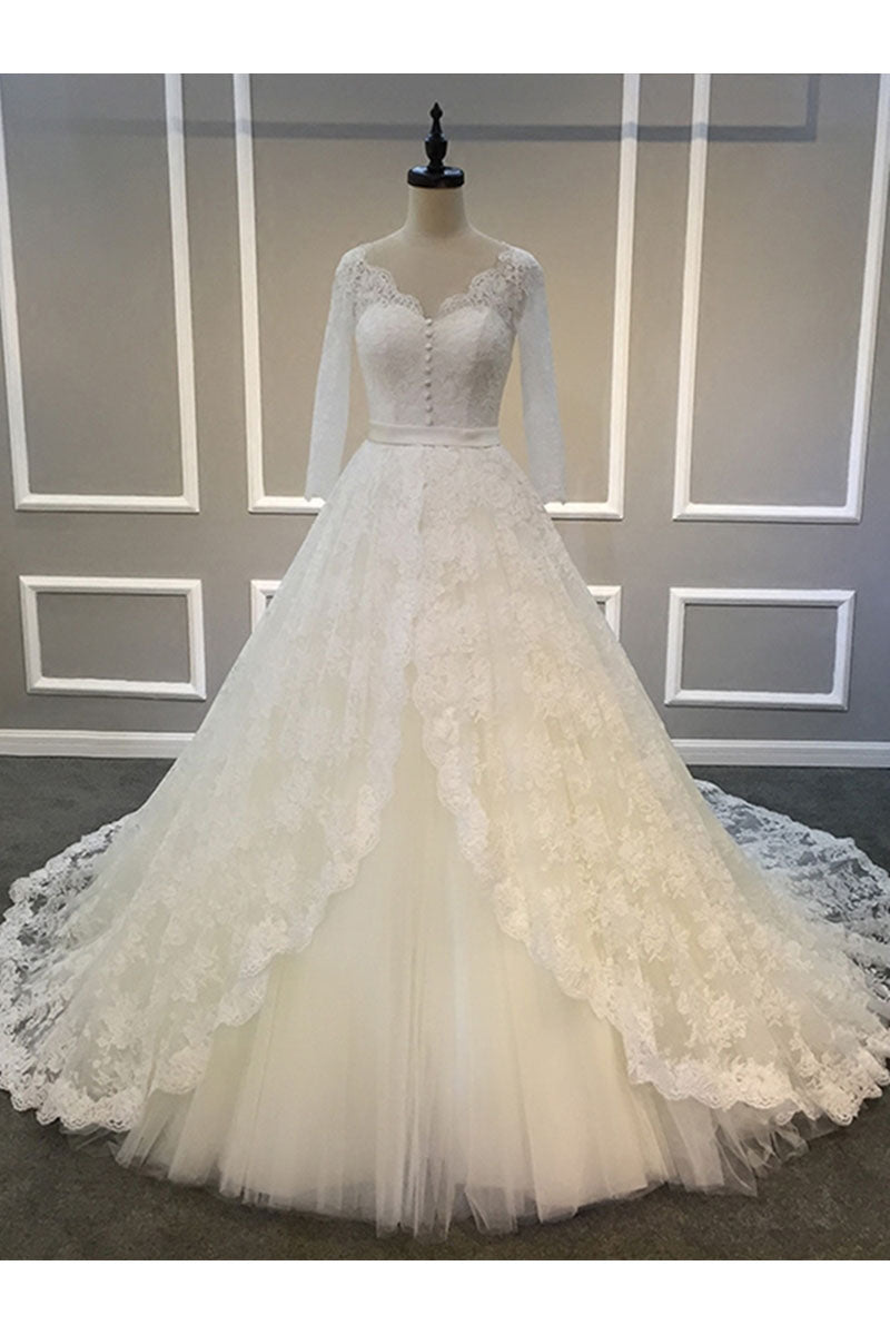 Vintage Lace Long Sleeve Wedding Dress, A Line V Neck Lace Bridal ...