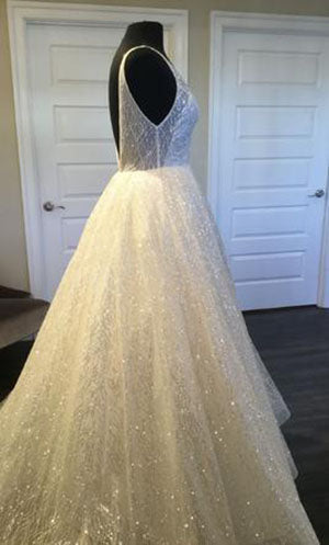 Ivory Sparkly V-Neck Sleeveless Backless Floor Length Prom Dresses N683