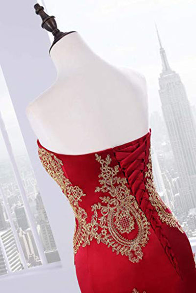 Floor Length Sweetheart Mermaid Red Prom Dresses Gold Appliqued Long Evening Dresses N1233