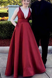 Burgundy Deep V Neck Satin Long Prom Dress, Floor Length Formal Evening Gown