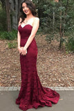Burgundy Lace Prom Dresses Mermaid Sweetheart Strapless Lace Evening Dresses N1618