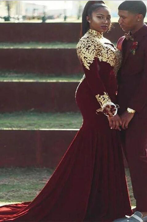 Mermaid Plus Size High Neck Prom Dress with Gold Appliques, Burgundy Long Sleeve Dress 