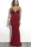 Burgundy V Neck Sleeveless Mermaid Evening Dress Spaghetti Strap Prom Dresses N1373