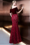 Burgundy Off Shoulder Half Sleeve Long Evening Dresses with Side Slit Mermaid Prom Dresses N1065