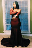 Burgundy Off the Shoulder Long Sleeves Mermaid Plus Size Prom Dress with Train