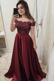 Burgundy Off Shoulder Satin Prom Dress with Lace, A Line Cheap Formal Dresses N1571
