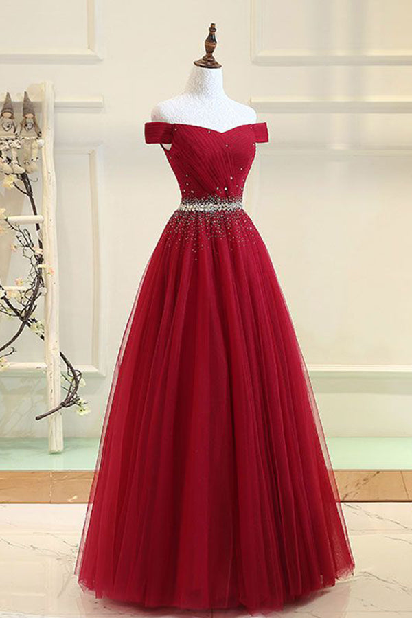 Cheap Off the Shoulder Tulle Long Prom Dress with Rhinestones, Burgundy Formal Dress N1544