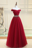 Cheap Off the Shoulder Tulle Long Prom Dress with Rhinestones, Burgundy Formal Dress N1544