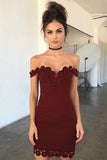 Dark Red Off the Shoulder Sheath Short Formal Dresses Sexy Homecoming Dresses with Lace N1897