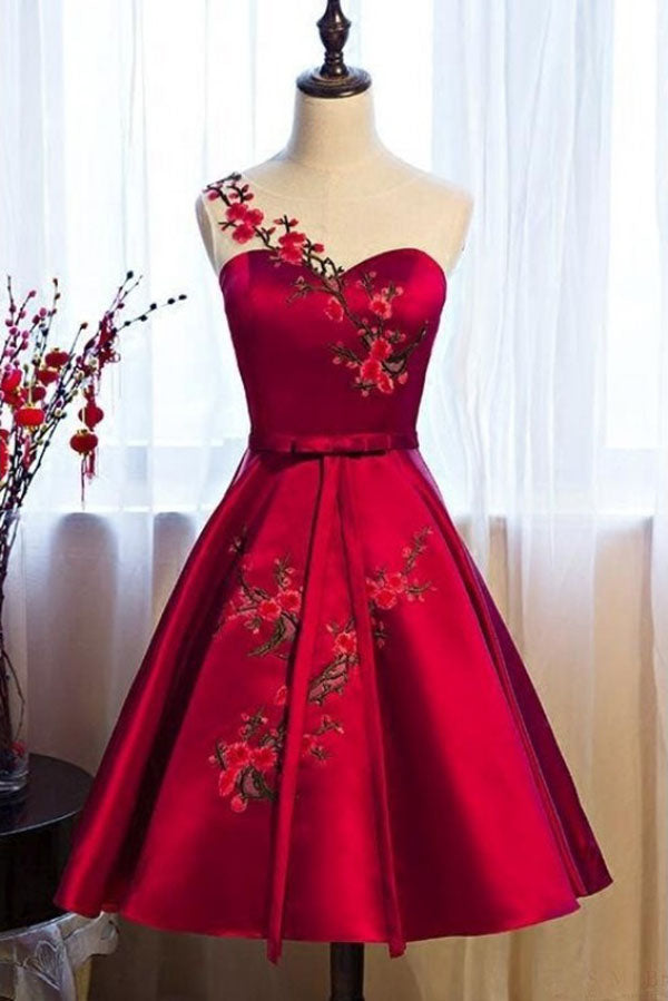 Burgundy Sheer Neck Knee Length Sleeveless Satin Homecoming Dress with Belt