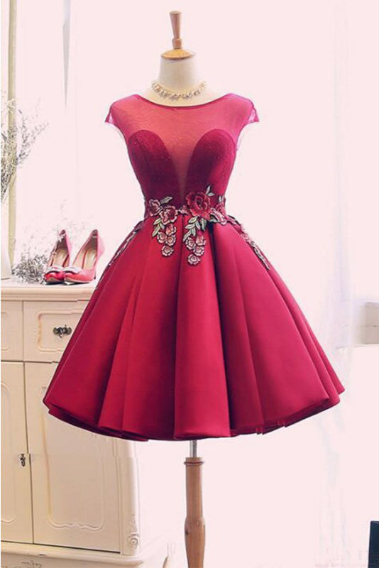 Burgundy Satin Ruched Homecoming Dress, A Line Short Prom Dress with Appliques N1021