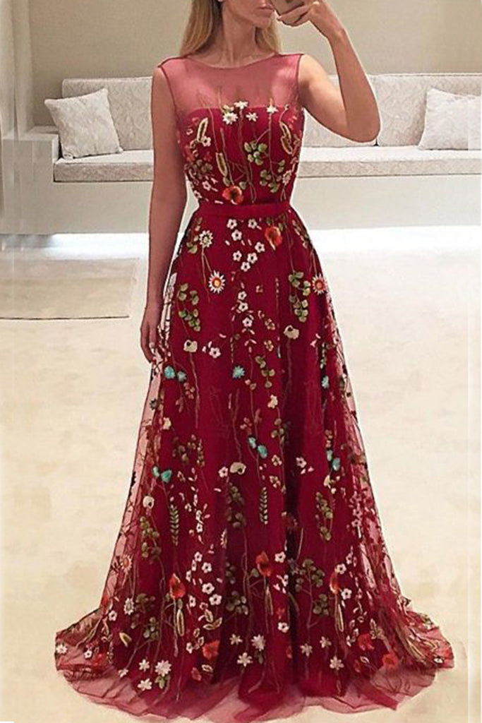 Burgundy Long A-line Sleeveless Prom Dresses with Flowers New Party Dresses N851