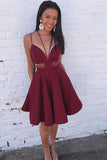 Burgundy Spaghetti Straps Mini Ruched Stain Homecoming Dresses