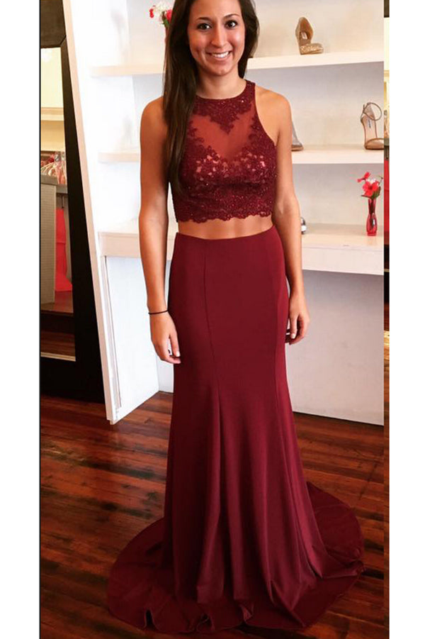 Burgundy Two Piece Open Back Prom Dress with Lace Sweep Train Evening Dress N774