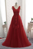 Cheap Floor Length Burgundy V Neck Evening Dress, Appliqued Long Tulle Prom Dress 
