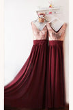 Burgundy V Neck Floor Length Bridesmaid Dress, V-Back Rose Gold Sequin Prom Dress