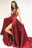 Burgundy V Neck Split Long Prom Dresses, A Line Cheap Formal Dress with Slit N1133