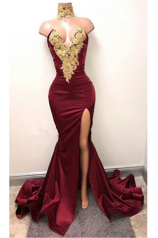 Burgundy V Neck Sleeveless Mermaid Prom Dress with Gold Appliques, Long Evening Dress N1386