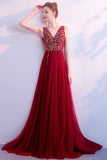 Burgundy V Neck Tulle Prom Dress with Sequins and Rhinestone, Sparkly Evening Dress N1417