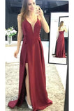 Burgundy Sleeveless Prom Dresses, Spaghetti Strap Split Satin Party Dresses N1724
